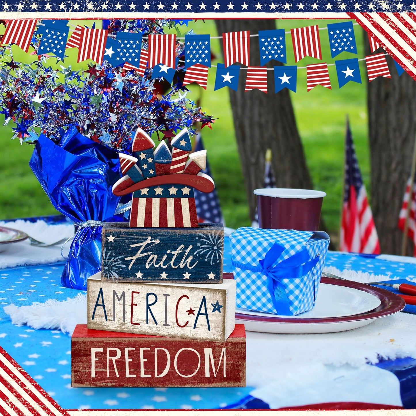 CroBlissful 4 Pcs 4th of July Decorations Patriotic Memorial Day Tabletop Decorations Red White Blue Table Centerpieces Sign for Office Tiered Tray Home Shelf 250th Anniversary(Independence Day Hat)