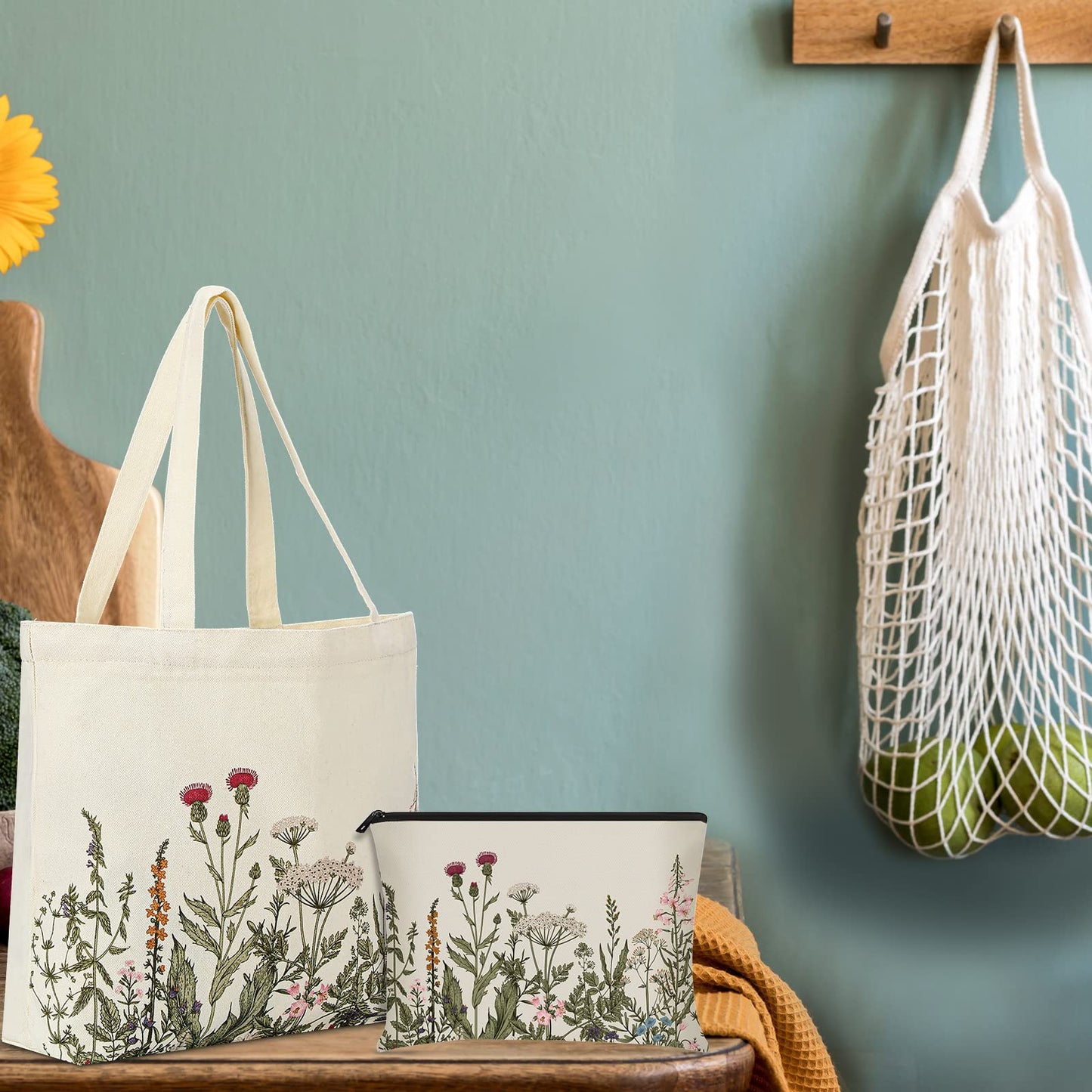 Sadnyy 2 Pcs Wildflower Aesthetic Canvas Tote Bags for Women with Makeup Zipper Pouch Mother's Day Cute Floral Reusable Shoulder Tote Bag for Graduation Teacher Beach Shopping Travel Work Gym Grocery