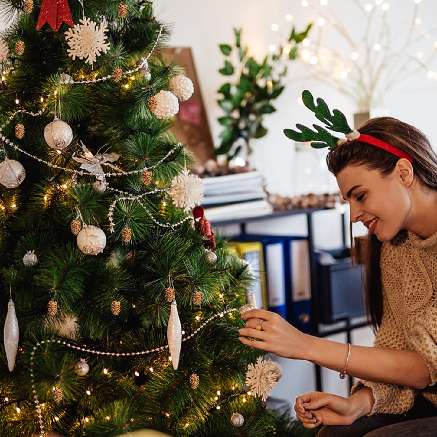 60 Pcs Christmas Natural Mini Hanging Pine Cones with String- 1.2 Inch Fall Thanksgiving Christmas Tree Hanging Pinecone Ornaments for DIY Crafts, Home, Party, Wedding Decor