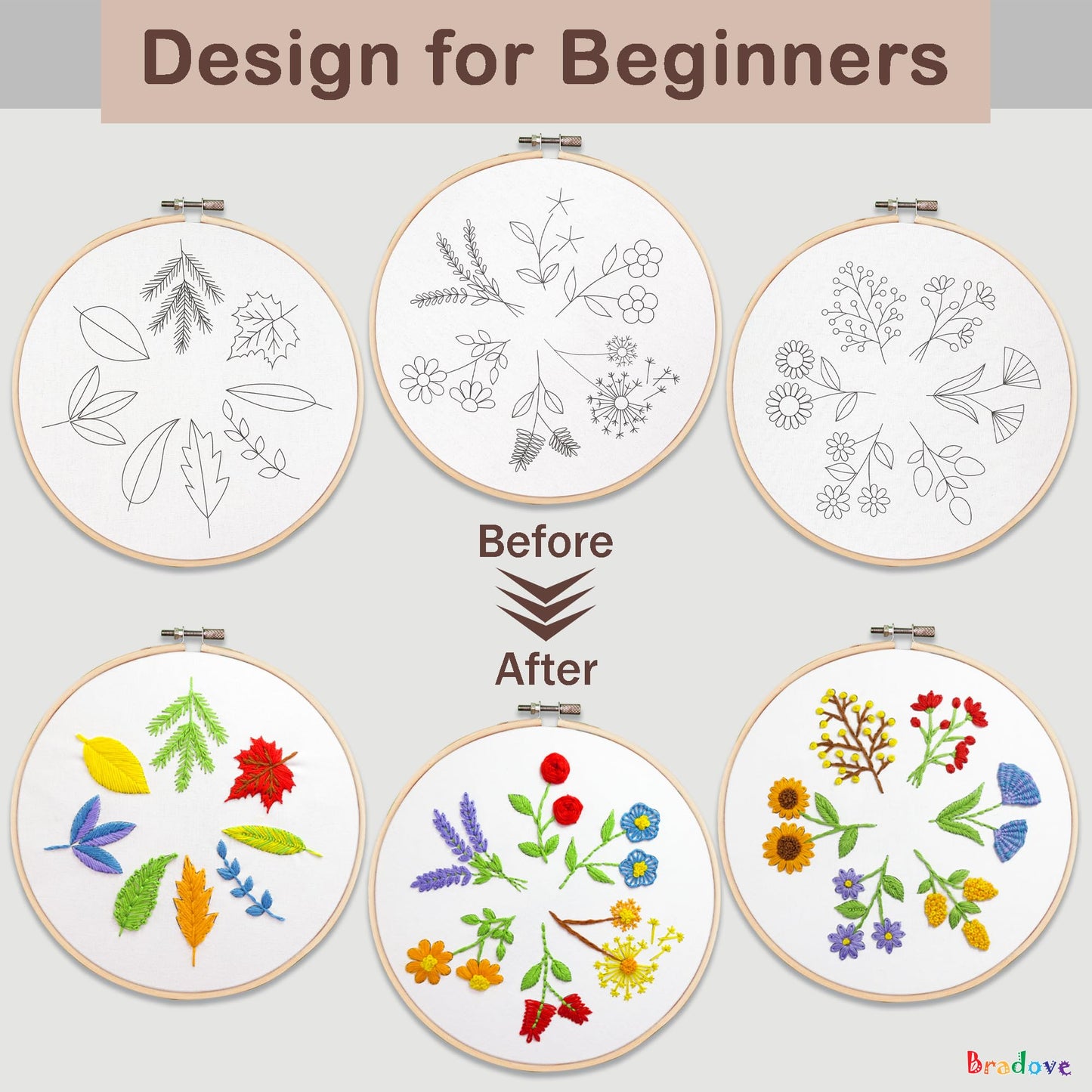 Bradove 3 Sets Leaves and Flowers Embroidery Kit with Embroidery Patterns, Adult Beginner Learn to Embroider Kit, Stitches Kit