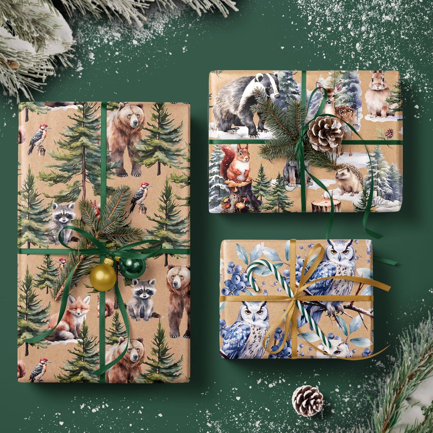 Kraft Christmas Wrapping Paper Roll - Mini Roll - 3 Rolls - 17 Inch x 120 Inch Per Roll - Wild Animals Winterfall Watercolor Holiday Collection
