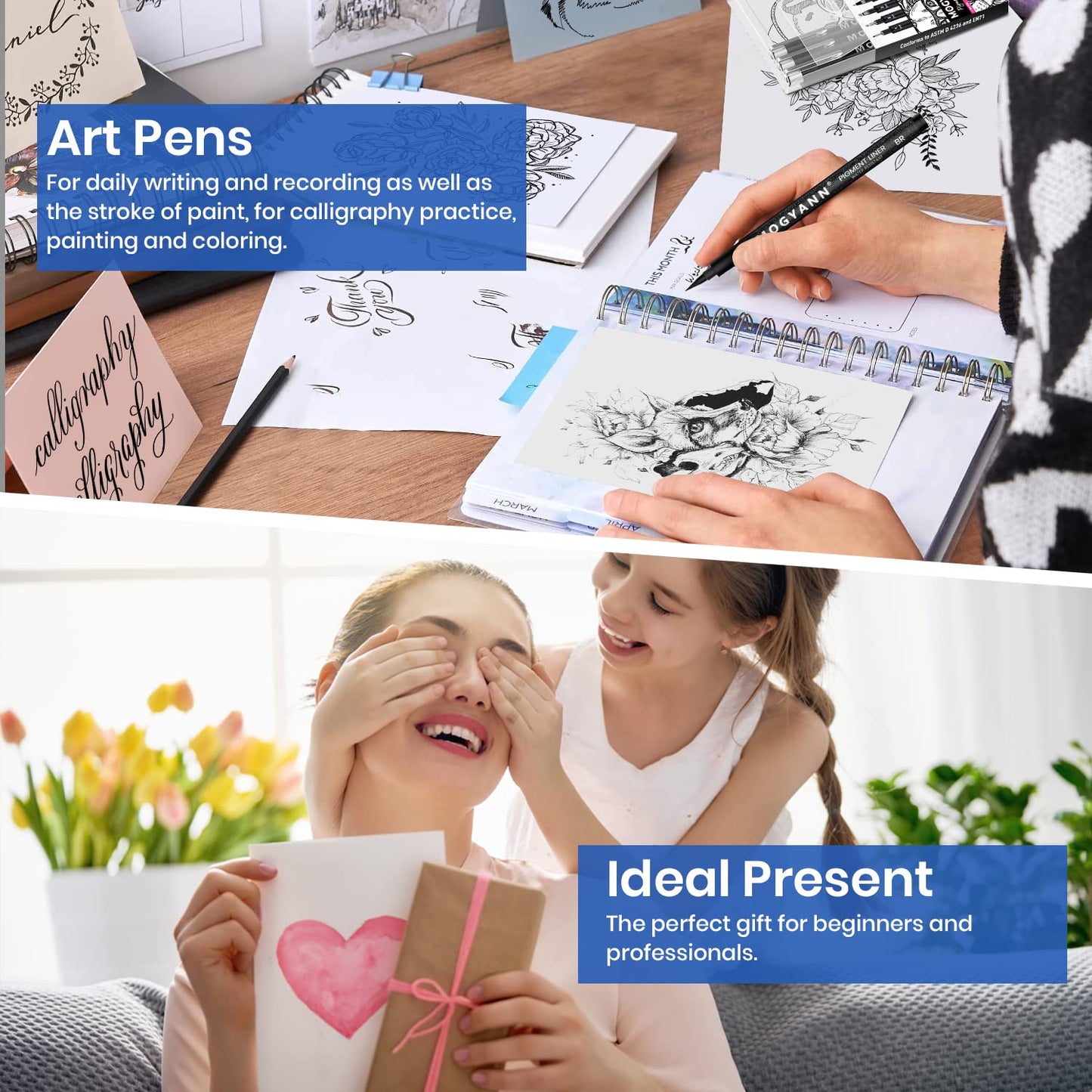 Mogyann Art Pens, Black Drawing Pens 8 size Ink Pens Set for Artist Writing, Sketching, Manga, Anime