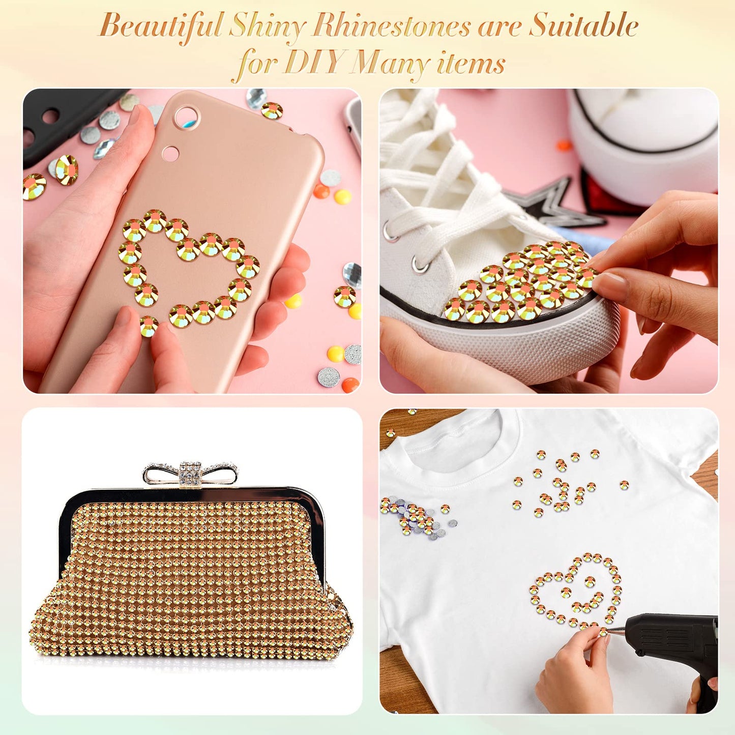 TecUnite 2000 Pieces Flat Back Gems Rhinestones 6 Sizes (1.5-6 Mm) Round Crystal Rhinestones with Tools for Crafts Nail Clothes Shoes Bags DIY Art (Metallic Sunshine)