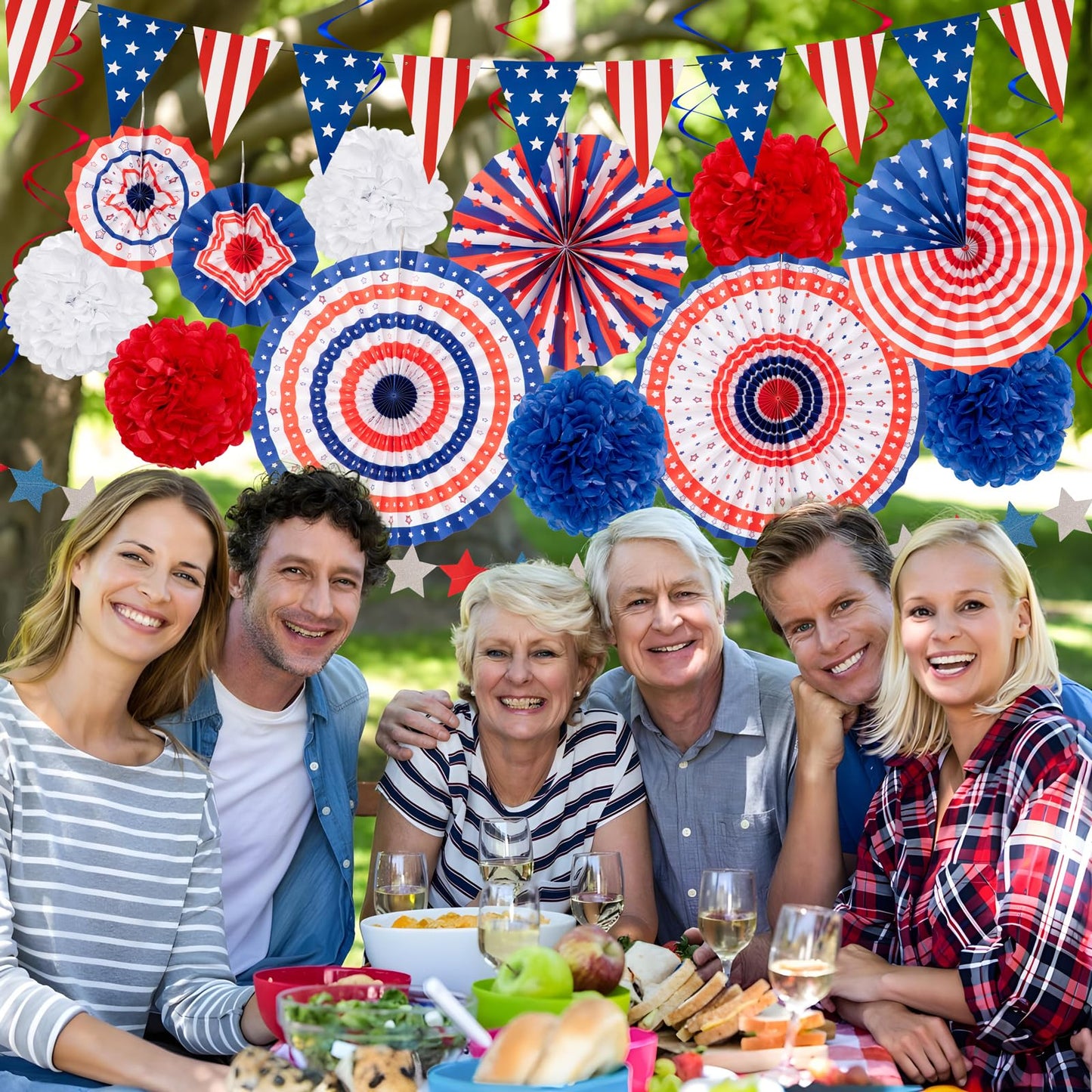 29PCS 4th/Fourth of July Patriotic Decorations Set - 250th Anniversary Red White Blue Paper Fans,USA Flag Pennant,Star Streamer,Pom Poms,Hanging Swirls Party Decor Supplies