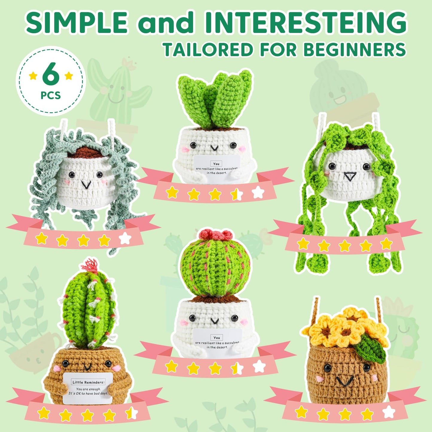 Imcrasy Crochet Kit for Beginners with Step by Step Video Lessons | 6 PC Potted Plants and Succulent Family Crochet Kit with Accessories (40%+ Yarn)