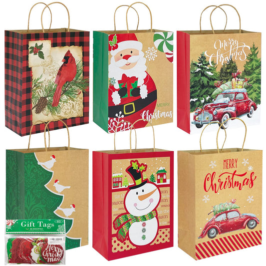 Party Funny 24 Large Kraft Christmas Gift Paper Bags Bulk with handles and 60 Count Christmas Gift Tags-12 Designs big size sacks set for Wrapping Xmas Holiday Presents