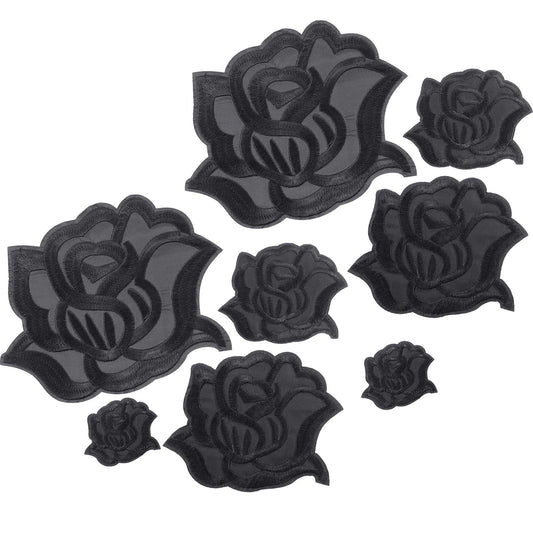 8 Pieces 8 Pieces Black Iron On Rose Flower Patches for Clothes Fabric Repair Patches 4 Size Embroidered Sew On Flower Patches Applique Patches for Jacket Jeans Clothes Hats Shoes Bags