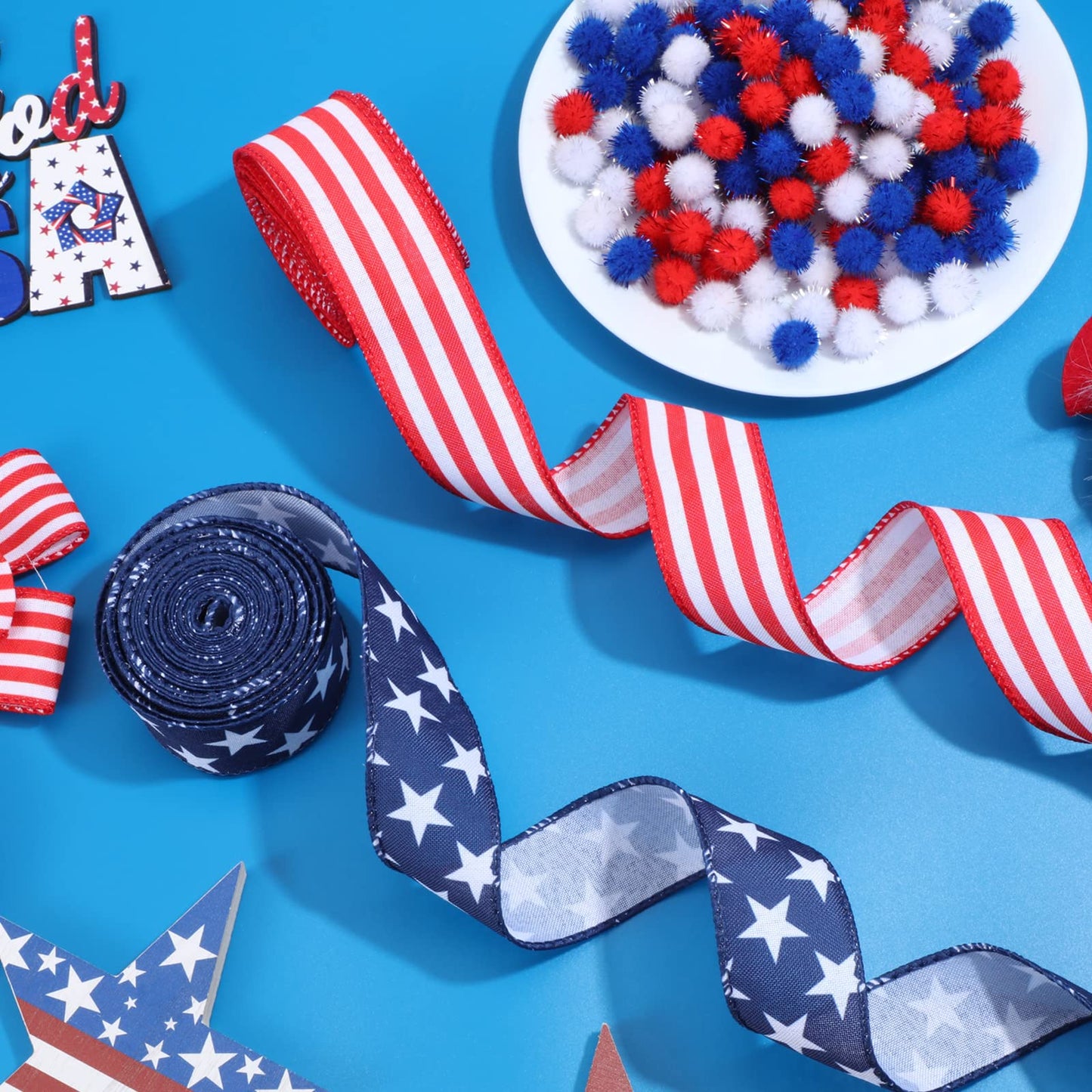 Hoteam 250th Anniversary 2 Rolls 20 Yard Red White and Blue Ribbon Patriotic Star and Striped Wired Royal USA Ribbon DIY Crafts for Xmas Holiday Decor(1.5 Inch,Red, White, Blue)