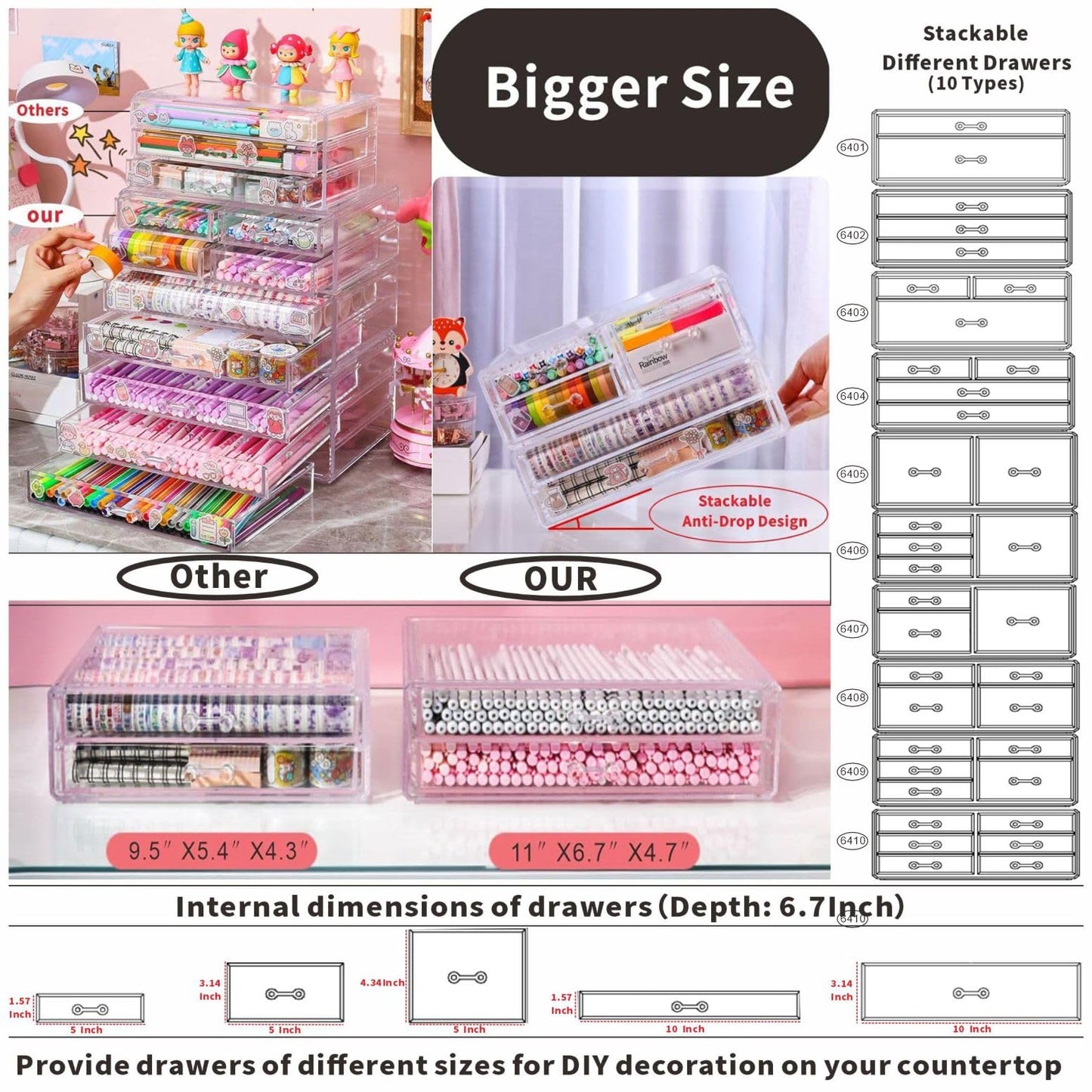 Clear Stackable Storage Bins,Plastic Storage Organizer and Small Drawer Organizer With 4 Drawers for Make Up,Skincare Product,Craft,Beauty and Desktop Drawers Organizer Storage