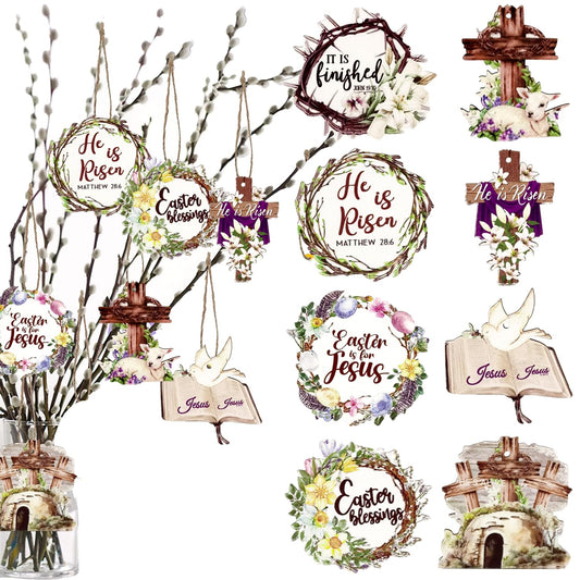 24 Pieces Easter Day Wooden Hanging Ornament He is Risen Wooden Signs Easter Christ Jesus Wooden Hanging Ornaments Religious Gifts Hanging Jesus Cross Ornament for Easter Day Religious Vintage Decor