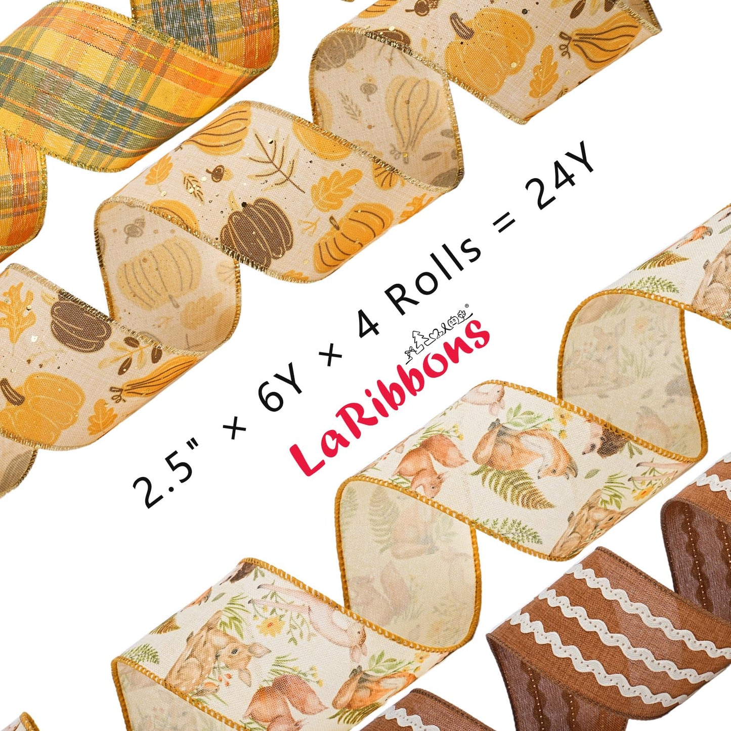 LaRibbons Fall Burlap Plaid Ribbon Wired 2 1/2" x 6 Yards 4 Rolls, Animal Park Ribbon for Autumn Wreath Thanksgiving Christmas Farm Gift Wrapping Home Decor