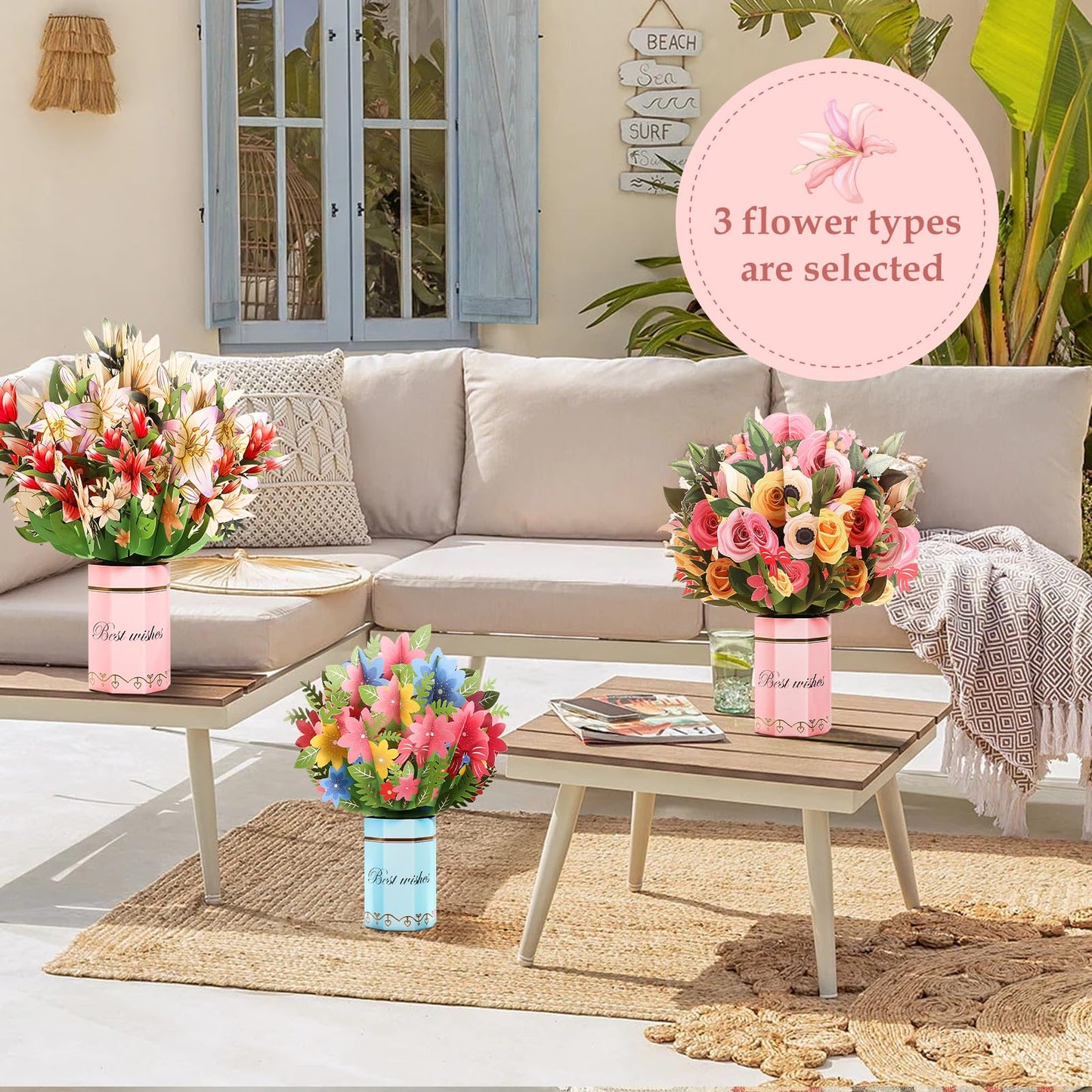 3 Pack Paper Flower Pop Up Cards,Forever Bouquet 3D Popup Paper Greeting Cards with Note Cards and Envelopes for all occasion,Mother's Day Gift,Birthday,Valentine,Christmas(Cherry Blossoms+Lily+Rose)
