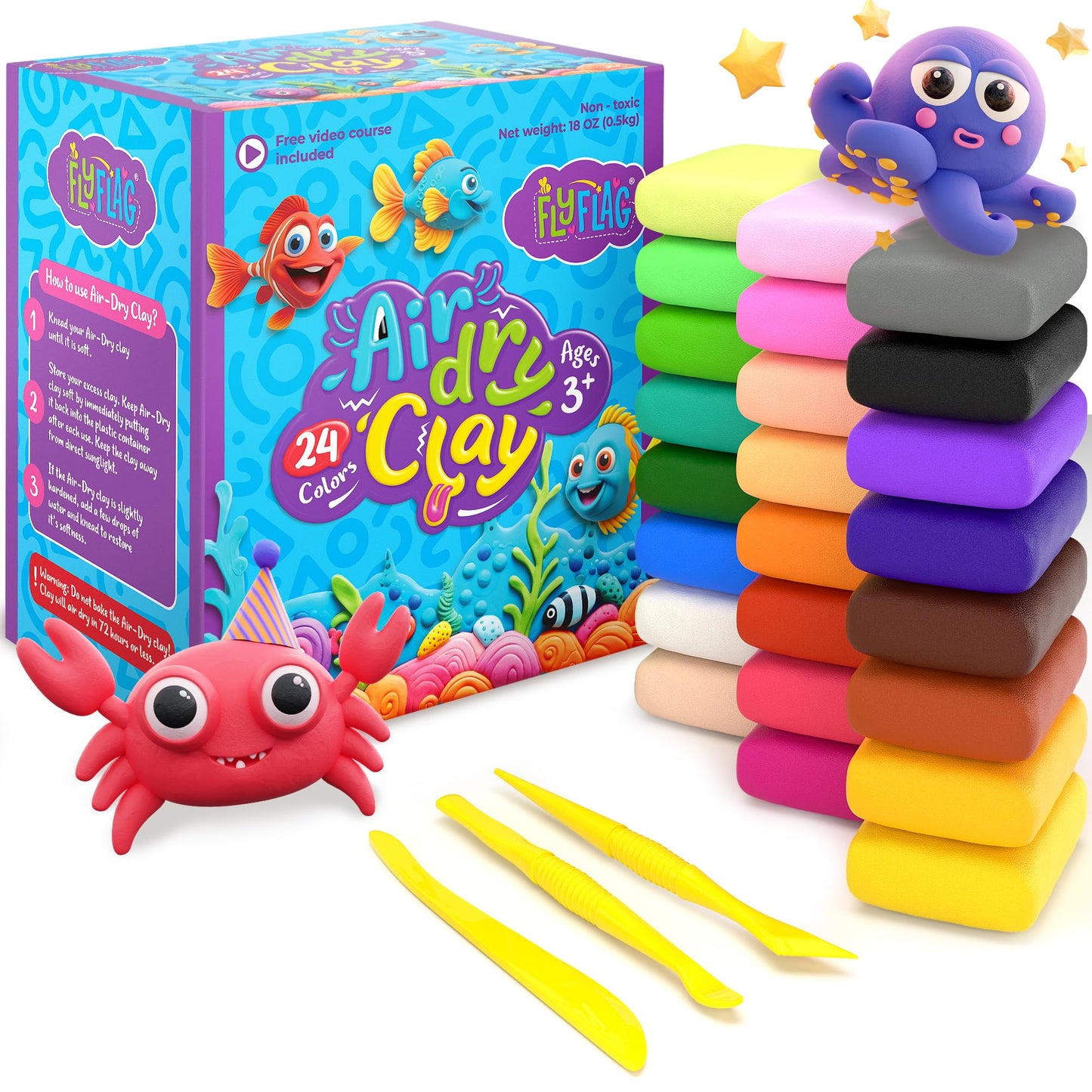 Air Dry Clay Kit - 24 Colors, Soft & Ultra Light, Modeling Clay for Kids with Accessories, Tools and Tutorials
