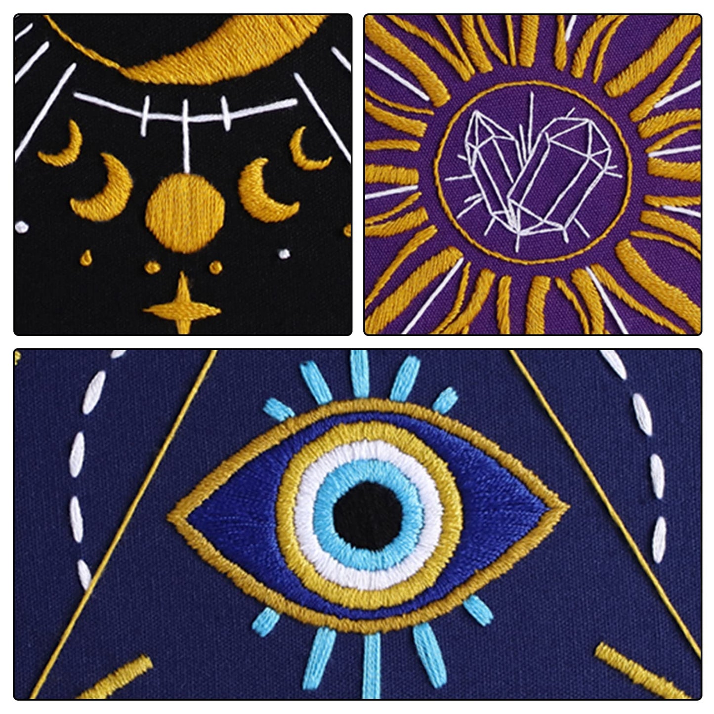 Louise Maelys 3 Set Tarot Embroidery Kits for Beginners with Sun Moon Evil Eye Pattern,Adults Starter Cross Stitch Kit DIY Needlepoint