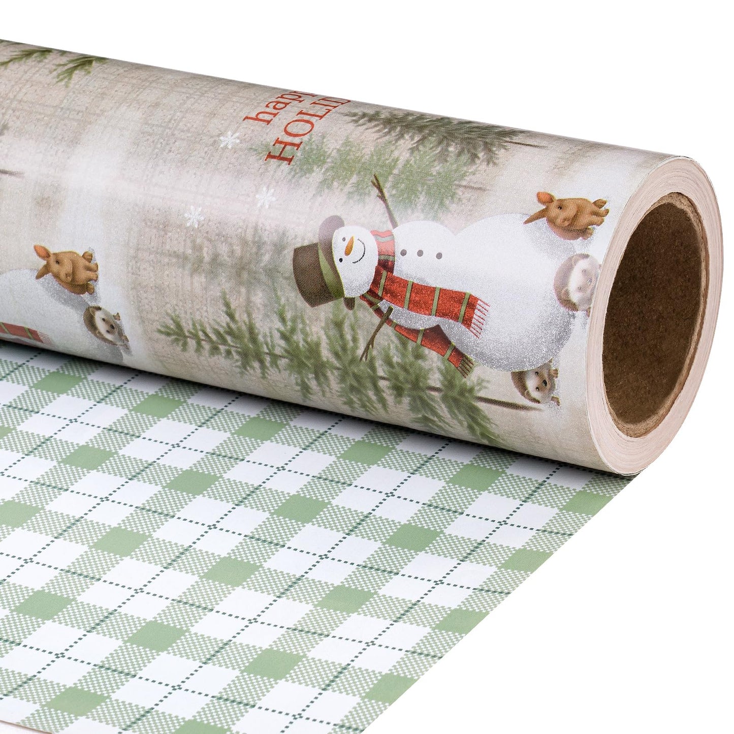 Reversible Wrapping Paper Roll - Mini Roll - Christmas Snowman and Plaid Pattern Great for Christmas, Party, Holiday - 17.5 Inches X 32.8 Feet