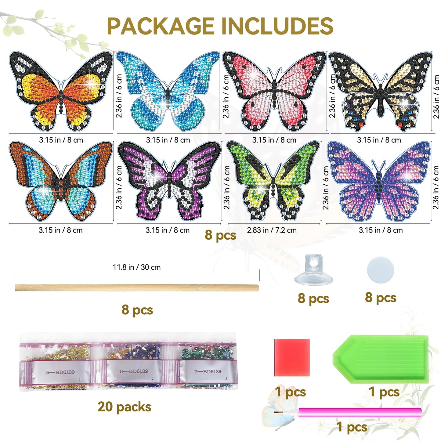 Vcekract 8 Pcs Butterfly Diamond Painting Kits, Diamond Art Kits for Garden Decor, Butterfly Stakes Diamond Art Kits for Adults, Crafts for Adults