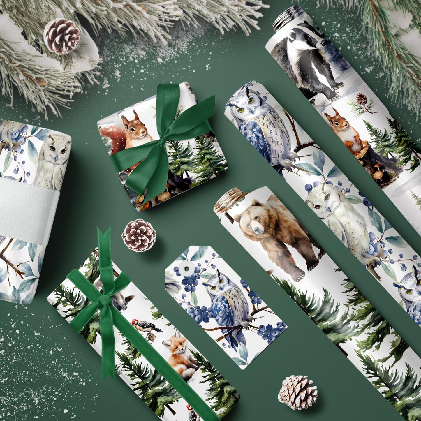 Kraft Christmas Wrapping Paper Roll - Mini Roll - 3 Rolls - 17 Inch x 120 Inch Per Roll - White Wild Animals Winterfall Watercolor Holiday Collection