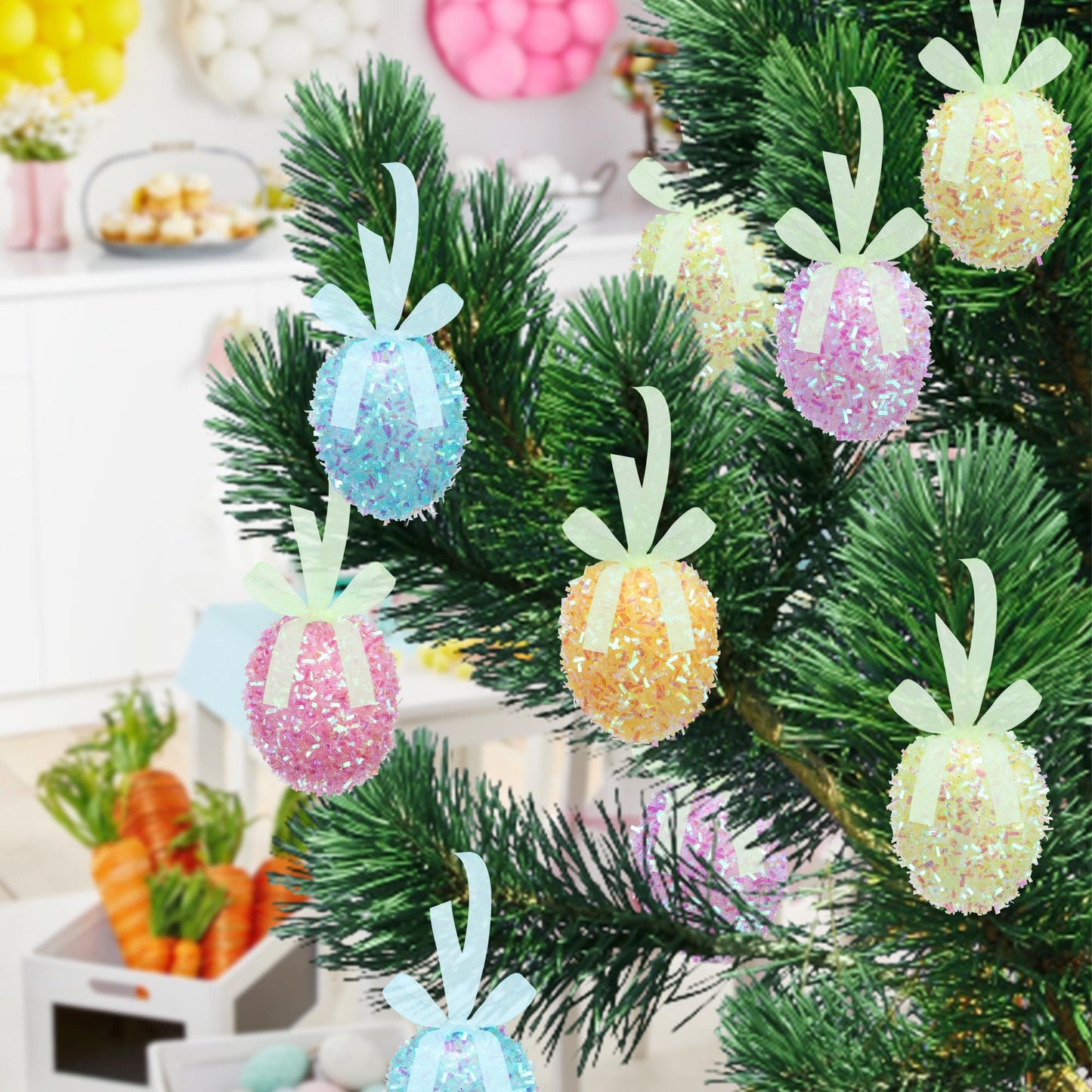 48 Pcs Easter Glitter Hanging Eggs, Shiny Tinsel Easter Egg Ornaments, Spring Foam Egg Hanging Decoration for Home Holiday Party Celebrations Tree Wall DIY Craft Decoration (1.3'' x 1.6'')