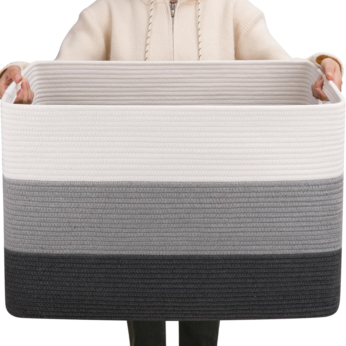 OIAHOMY 108L Super Large Blanket Basket, 25”x16”x16” Rectangle Woven Baskets for Storage, Cotton Rope Basket For Living Room, Toy Storage with Handle- Gradient Dark Grey