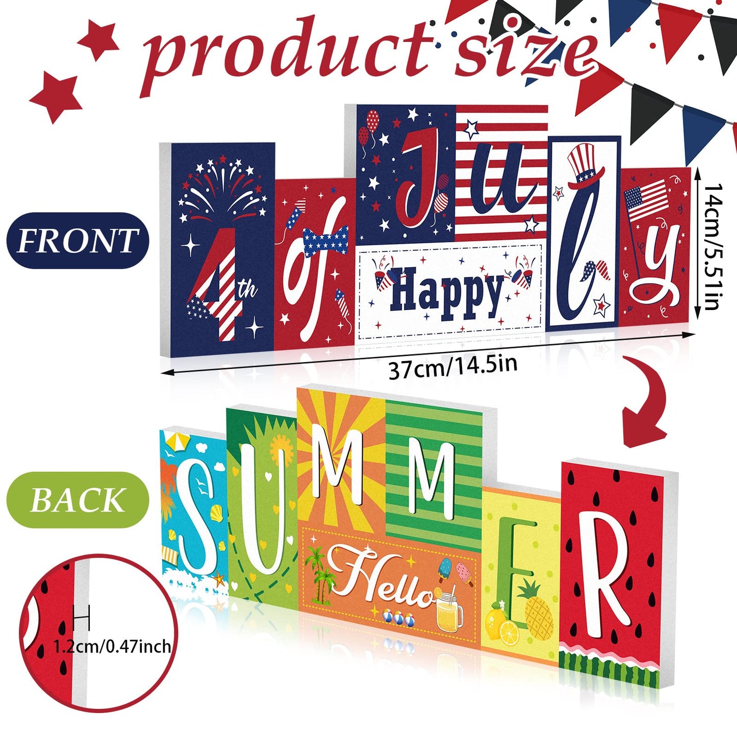 Summer Wooden Table Sign Double Sided Hello Summer and Happy 4th of July Tabletop Sign Hawaii Wood Block Memorial Day patriotic Tiered Tray Decor for Office Home indoor Shelf Centerpiece