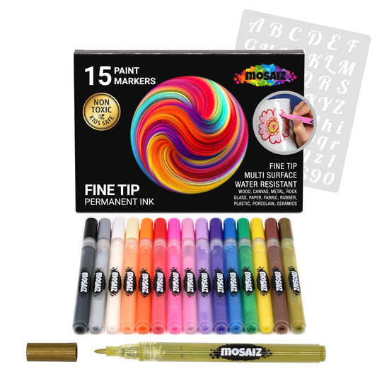 Mosaiz Acrylic Paint Pens for Rock Painting, 15 Colors including Gold and Silver Metallic Acrylic Paint Markers 0.7 mm Fine Point Pen for Glass, Wood Crafts, Metal