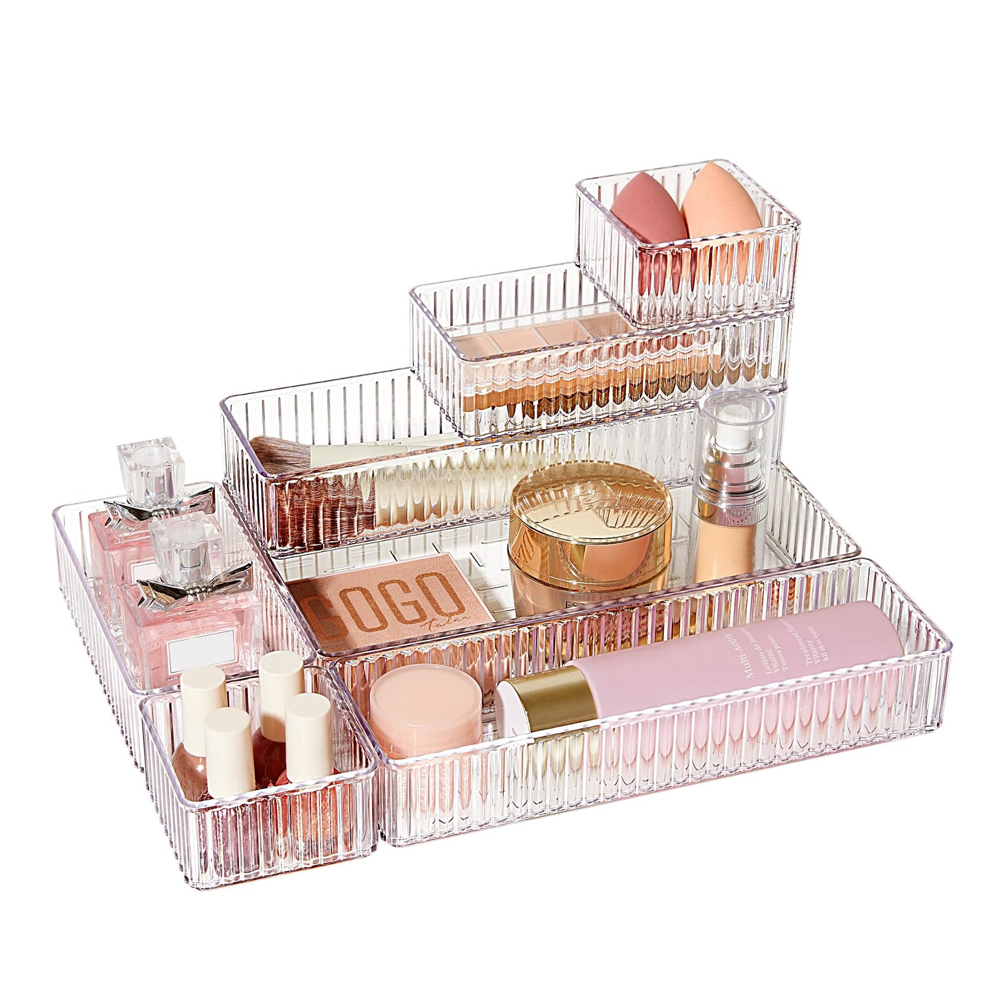 7 PCS Clear Drawer Organizers Bins, 4-Size Stackable Makeup and Vanity Drawer Organizer Trays, Acrylic Bathroom Drawer Storage Containers for Cosmetic, Office Supply, Kitchen Utensils Gadgets