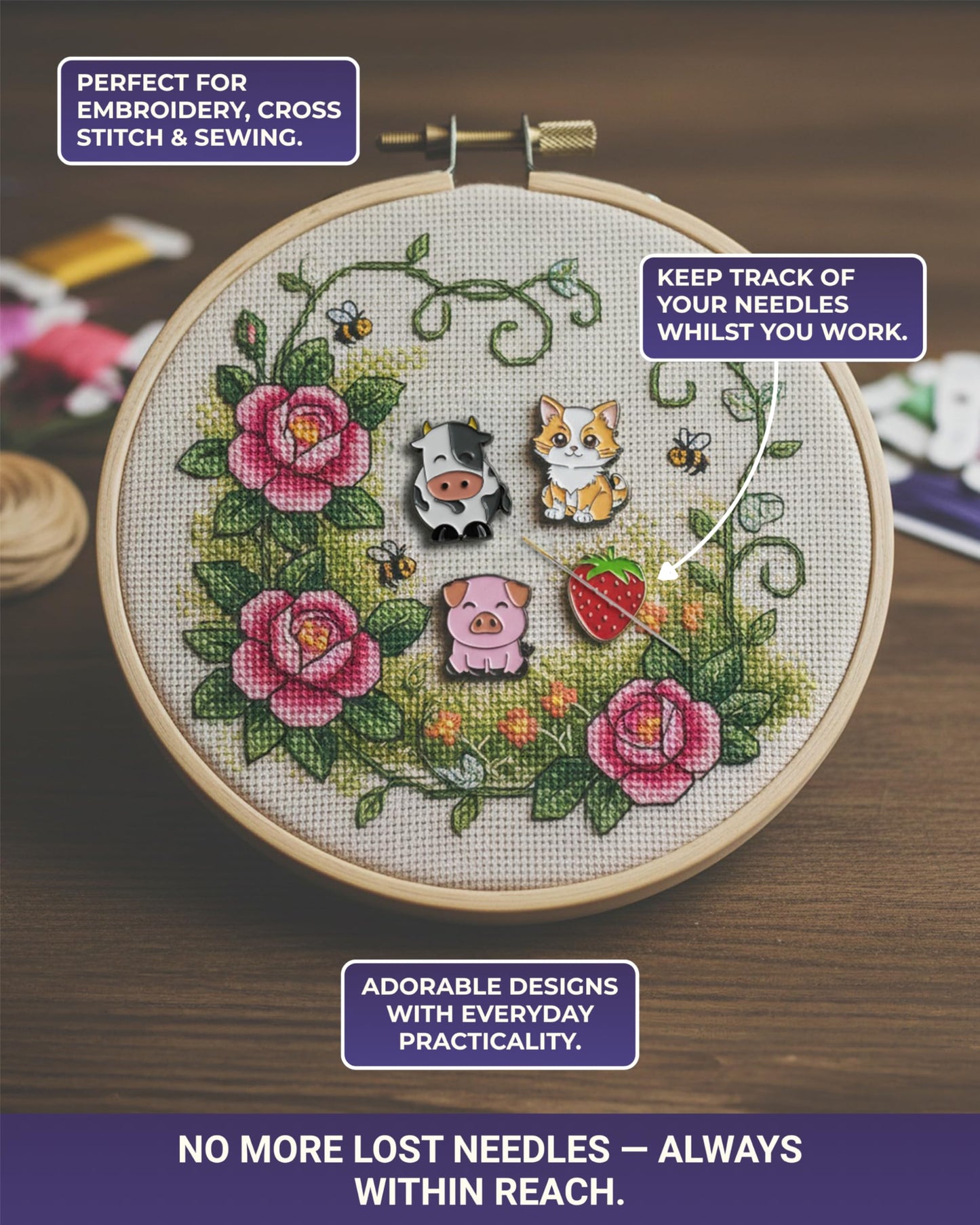 The Quilted Bear Needle Minder - Needle Minder Magnet for Keeping Sewing & Embroidery Needles, Cross Stitch Needles Safe - Stress Free Stitching Cross Stitch Supplies & Embroidery Supplies (Bee)
