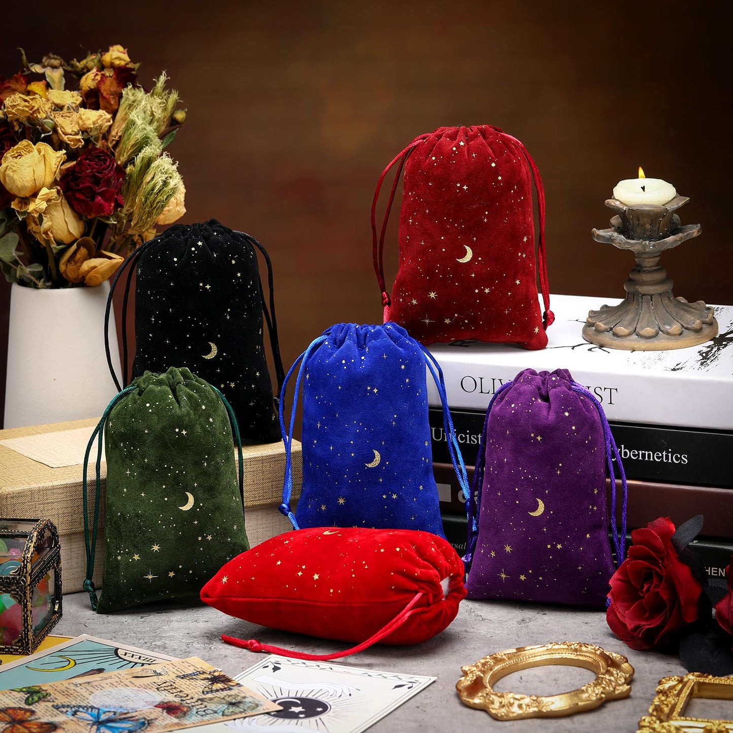 30 Pcs 4 x 6 Inch Colorful Velvet Drawstrings Bags for Jewelry Moon Star Pouch with Drawstrings Jewelry Bags for Gift Packaging Wedding Anniversary Christmas Eid Mubarak