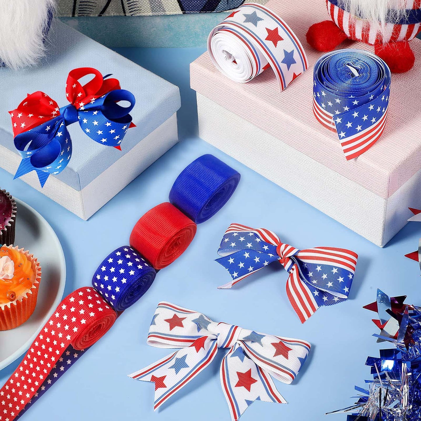 4th of July Decorations Ribbon - Red White and Blue Ribbon Decorations 4th of July Ribbons Patriotic Memorial Day Decoration, 6 Rolls X 15 Feets (Total 90 Feets) DIY Patriotic Ribbons Crafts