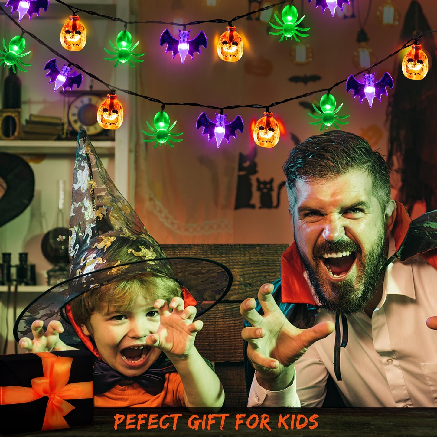 Halloween Lights Outdoor Indoor 20FT 30 LED 3D Pumpkin Bat Spider Battery Operated Halloween String Lights with Timer, 8 Light Modes Waterproof Halloween Decorations Lights for Yard Window Party Decor