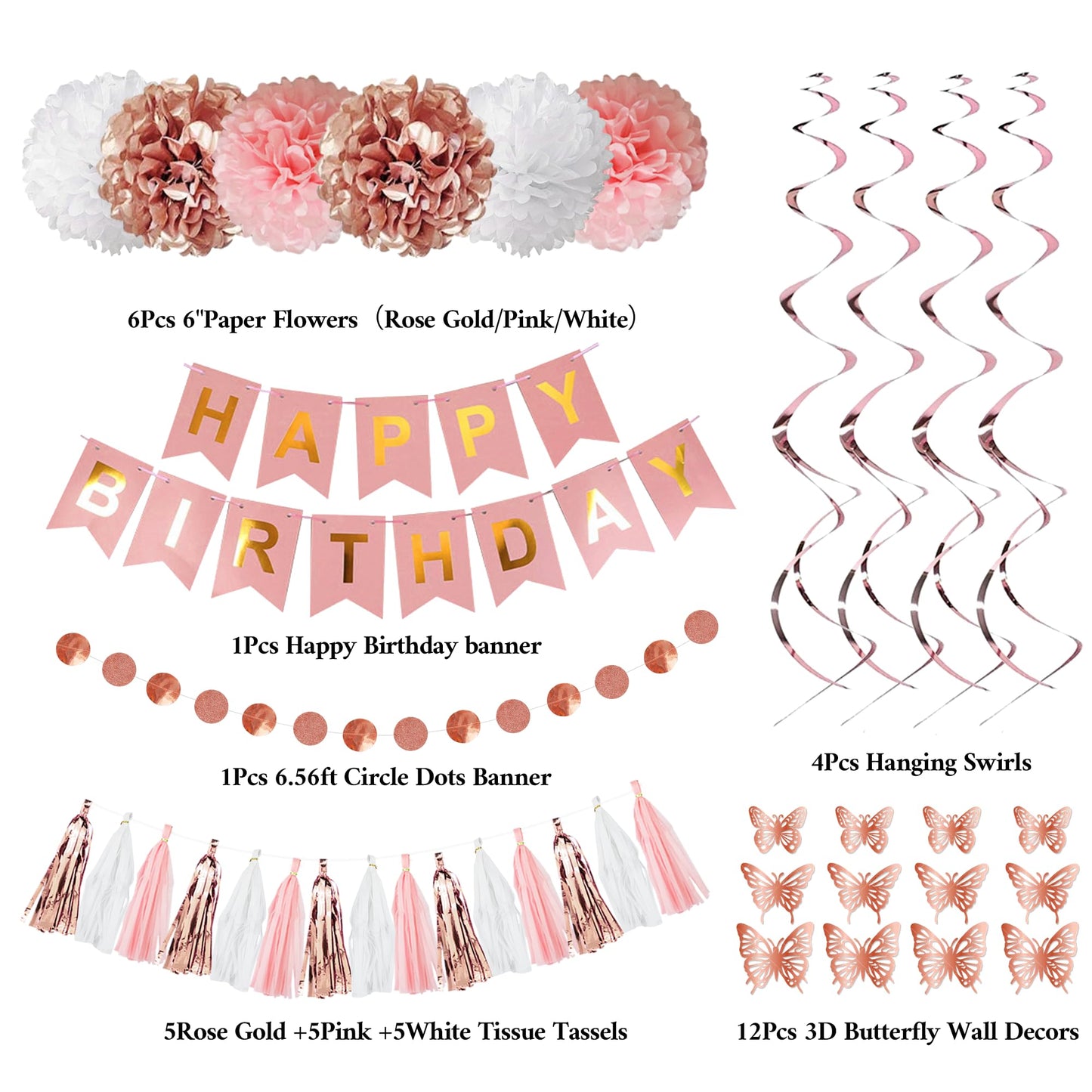 Rose Gold Birthday Party Decorations Kit for Women Girls, Foil Confetti Rose Gold Balloon Pink Happy Birthday Banner Fringe Curtains Butterfly Decor Circle Dots Tassels Pompoms Party Supplies