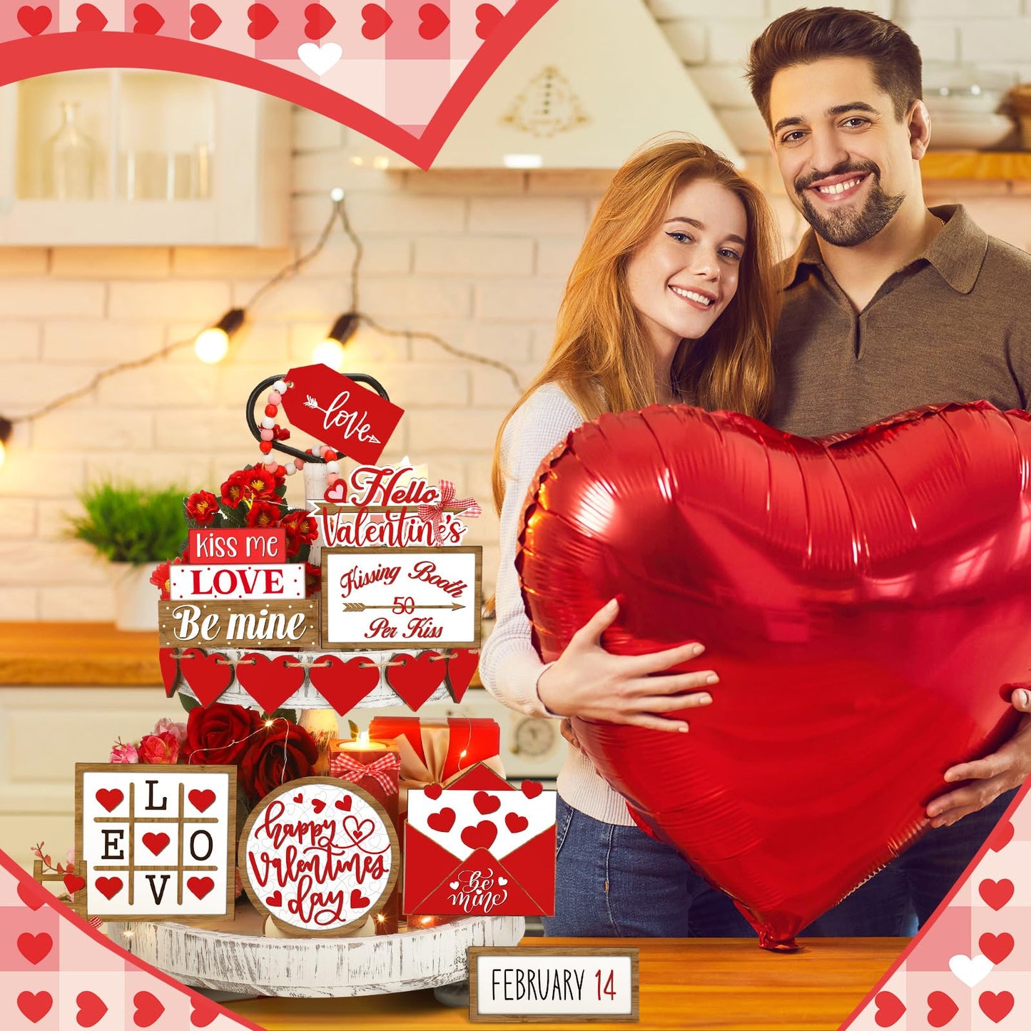 15 Pcs Valentine's Day Tiered Tray Decor Set Farmhouse Wood Valentine's Day Table Decorations Tabletop Rustic Wooden Red Love Heart Be Mine Kiss Me Table Signs for Wedding Party Gift