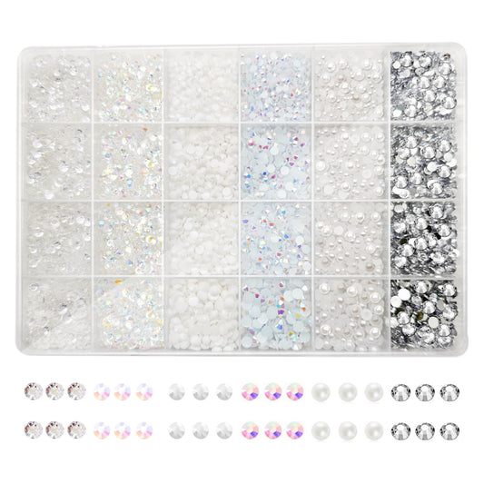 White Rhinestones for Crafting, 3mm 4mm 5mm Resin Rhinestones Bulk and Flat Back Pearls Beads for Clothes, Shoes, Nail Art, Craft Decoration, White Jewels for Bedazzling Gems