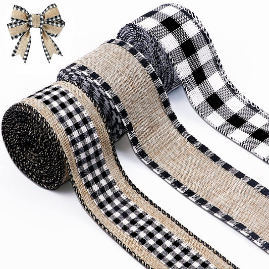 3 Rolls Christmas Buffalo Plaid Ribbon Wired Edge 9.9 Yard Plaid Burlap Ribbon Christmas Checked Burlap Ribbon for Christmas Tree Wrapping Crafts Decoration 1.5 inch Width(Black and White)