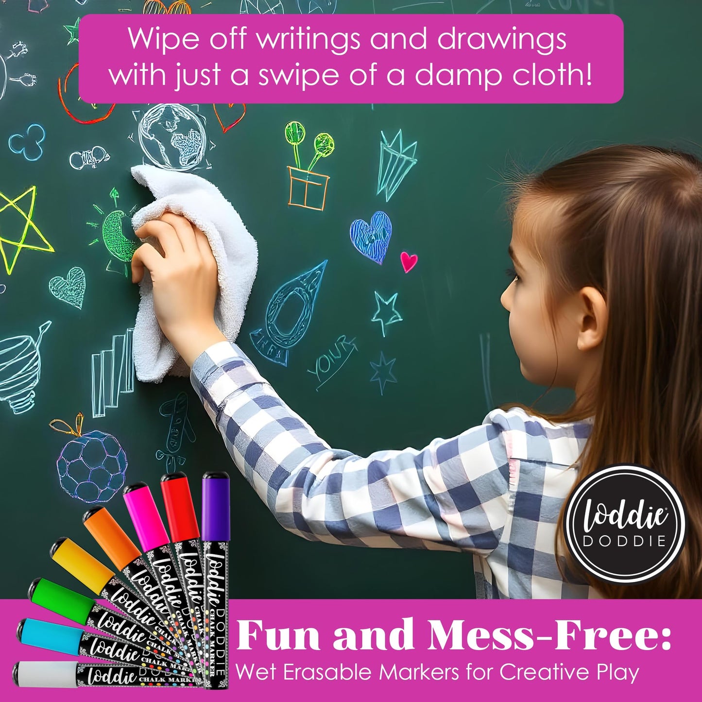 Loddie Doddie Liquid Chalk Markers - 8-Pack, 6mm Dual Tips - Chalk Markers for Blackboard & Chalkboard Paint - Washable Window Pens for Glass - Erasable Pens