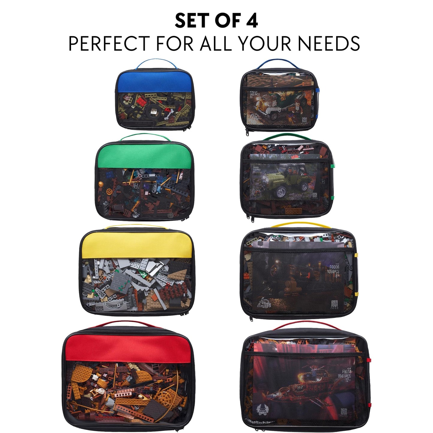 Premium Toy Storage Bags Compatible with LEGO Bricks - Set of 4 Bags With Labels, Handles & Pockets For Easy Organizing - Quality Bliss Bins for Keeping Puzzles & Board Games Stored with Ease