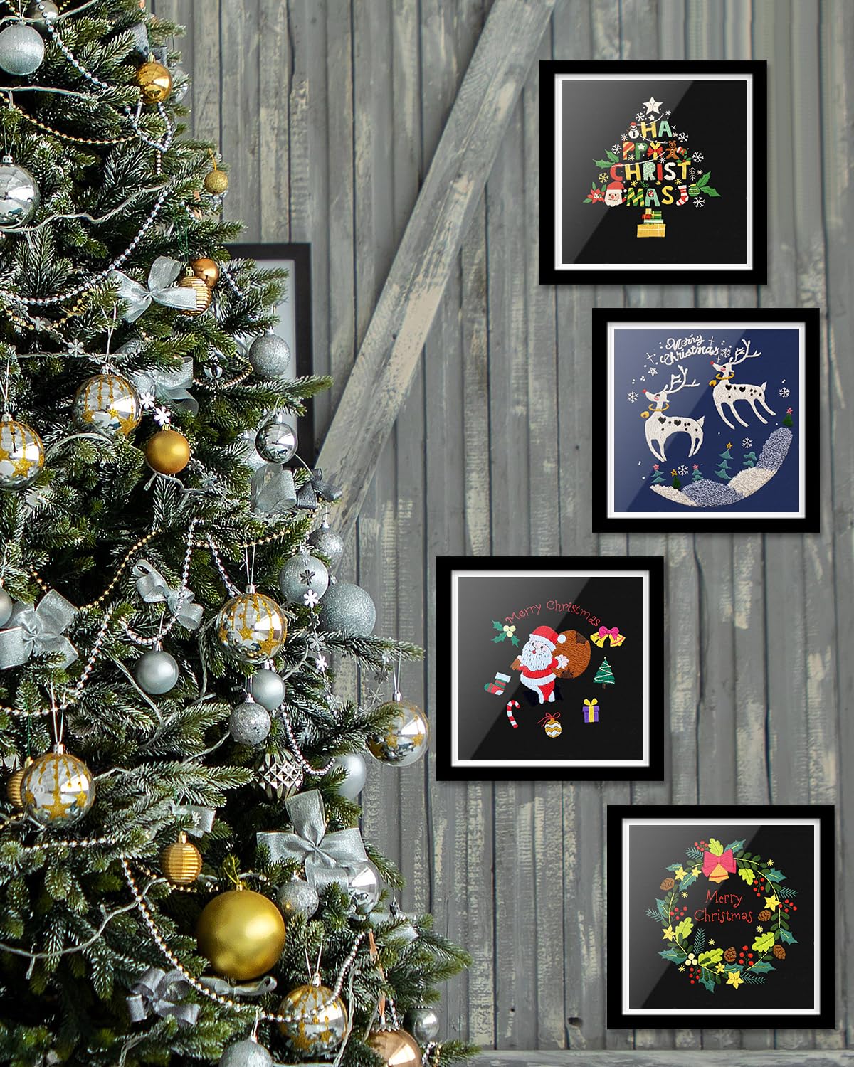 Christmas Embroidery Kit for Adult, 4 Pack Embroidery DIY Starter Kit, with Stamped Patterns, Hoop, Tools, Colorful Threads with Needles, Instructions