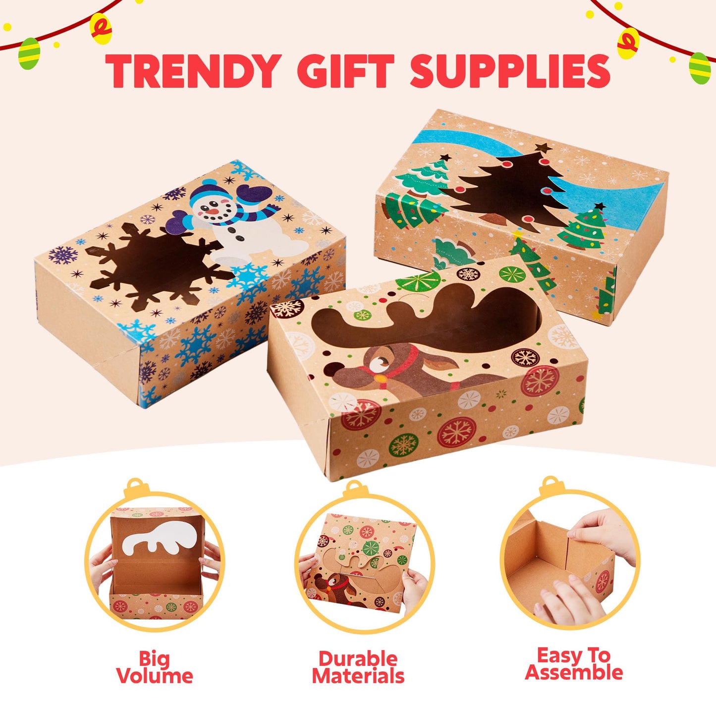 JOYIN 36PCS Christmas Cookie Boxes for Gift Giving, 8.5" x 5.75" x 2.75" Xmas Holiday Treat Cookie Tin with Window, 3 Designs Brown Foiled Kraft Bakery Boxes for Pastries, Cupcakes, Brownies, Doughnut