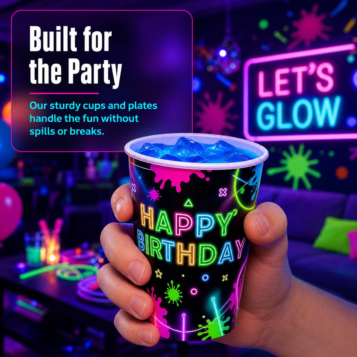 120PCS Let's Glow Party Supplies Neon Birthday Party Decorations for Kids Neon Glow in the Dark Tableware Set Plates Napkins Cups Forks Knives for 20 Guests