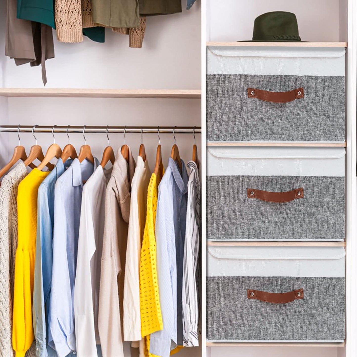 Collapsible Storage Bin, Cube Organizer Basket, Fabric Box with Lids, Washable and Leather Handle, for Home, Closet, White/Grey, 13.0''Lx9.0''Wx7.9''H, 1-Pack, SNK024WGS-1