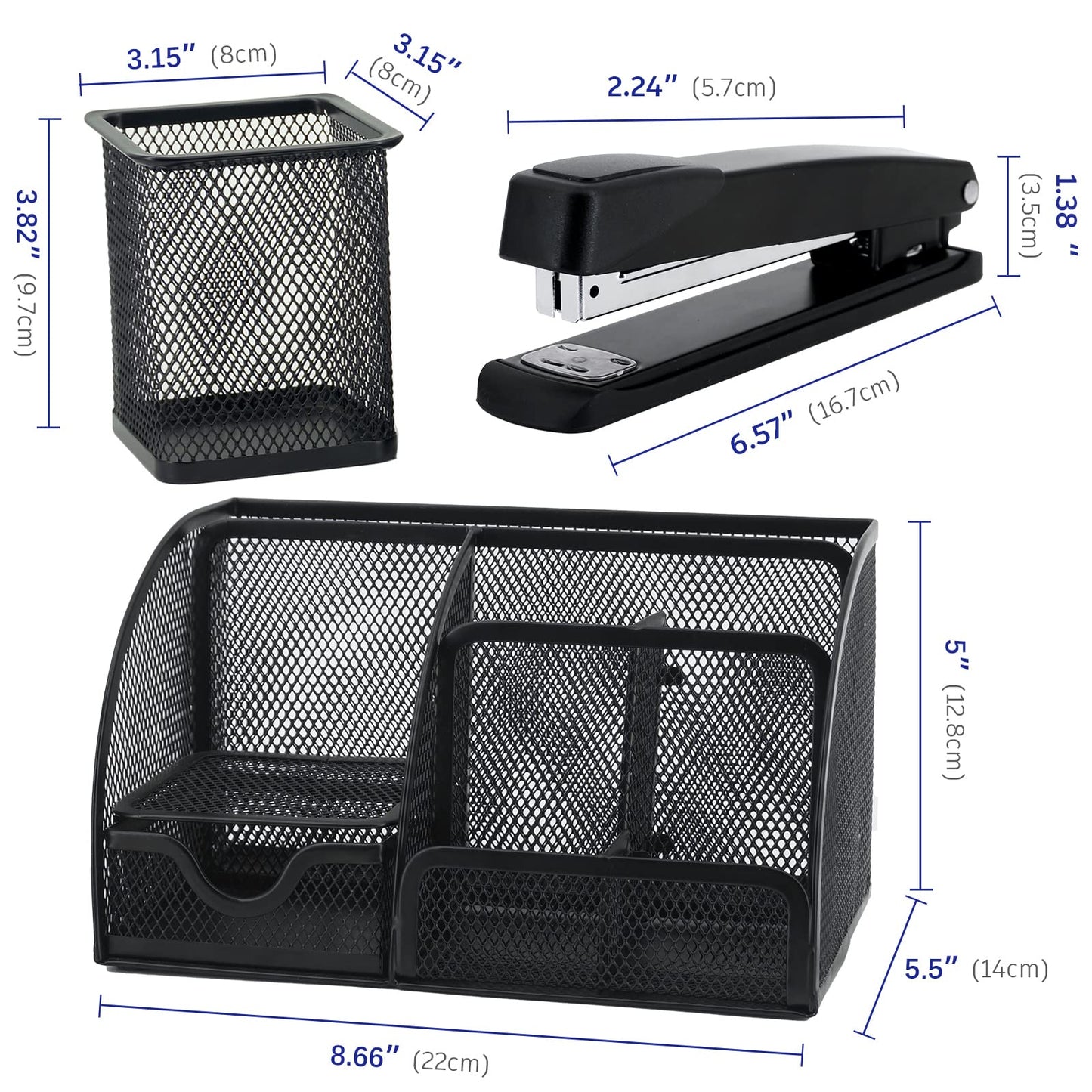 Desk Organizers, Office Supplies Desktop Organizer with Drawer and 6 Compartments, Black Desk Caddy + Pen Holder/Stapler with 1000 Staples Combo for Office Home School