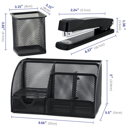 Desk Organizers, Office Supplies Desktop Organizer with Drawer and 6 Compartments, Black Desk Caddy + Pen Holder/Stapler with 1000 Staples Combo for Office Home School