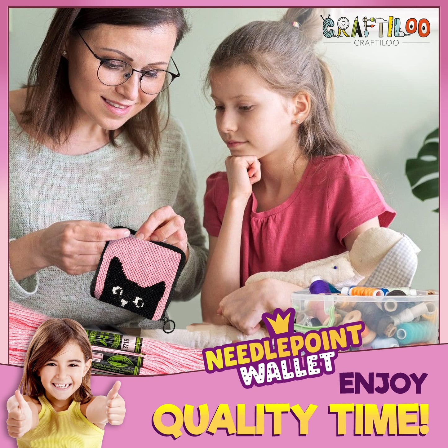 Pre Printed Needlepoint Wallet Kit for Kids Embroidery Arts and Crafts Set Cross Stitch Sewing Kit (Cat)