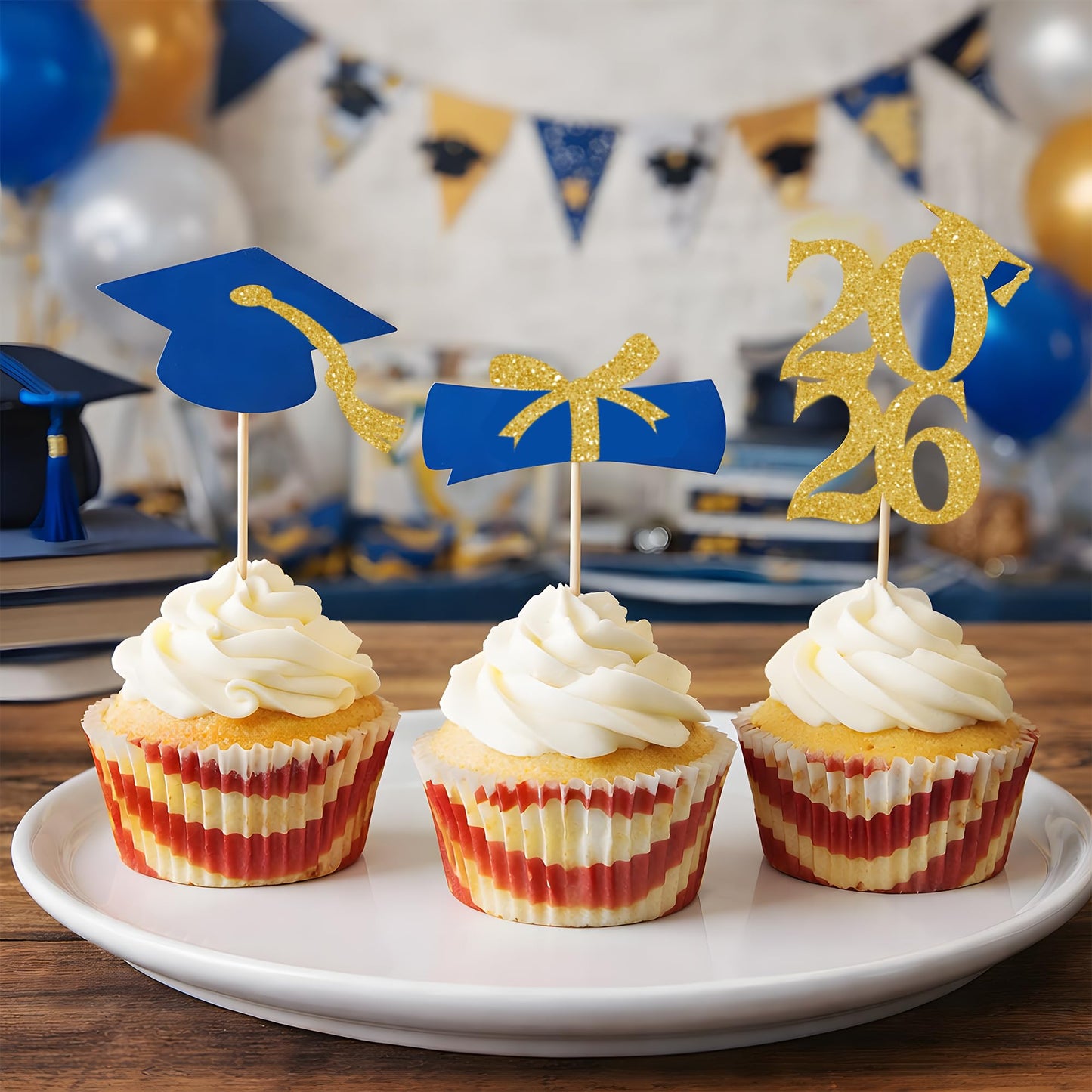OHOME Graduation Decorations 2026-36 PCS Graduation Cupcake Toppers - 2026 Graduation Party Decorations - Mini Cake Decorations for Class of 2026,Diploma, 2026, Grad Cap Set (Blue)