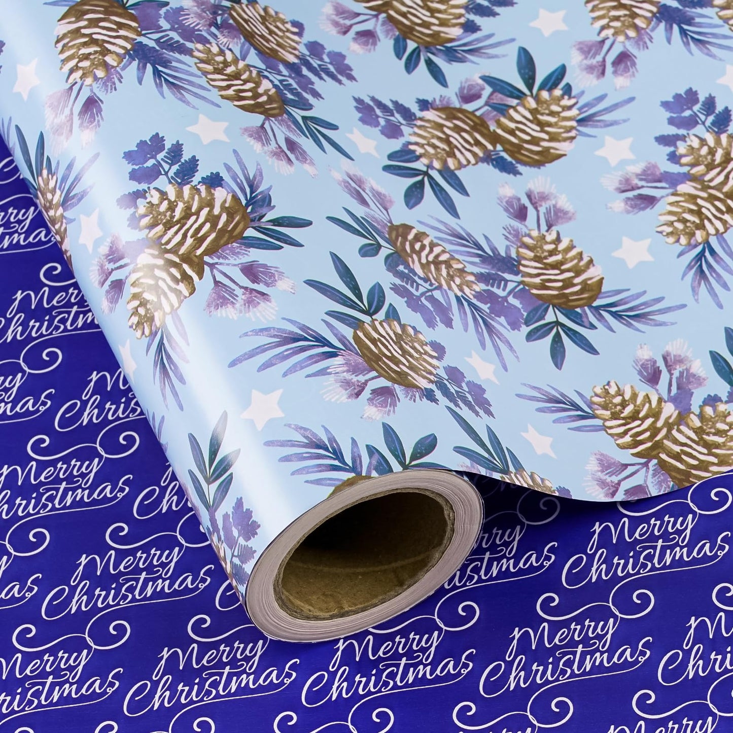Reversible Christmas Wrapping Paper - Mini Roll - 17 Inch x 33 Feet - Pinecone and Merry Christmas Blue Wrapping Paper for Xmas Holiday, Party Celebration