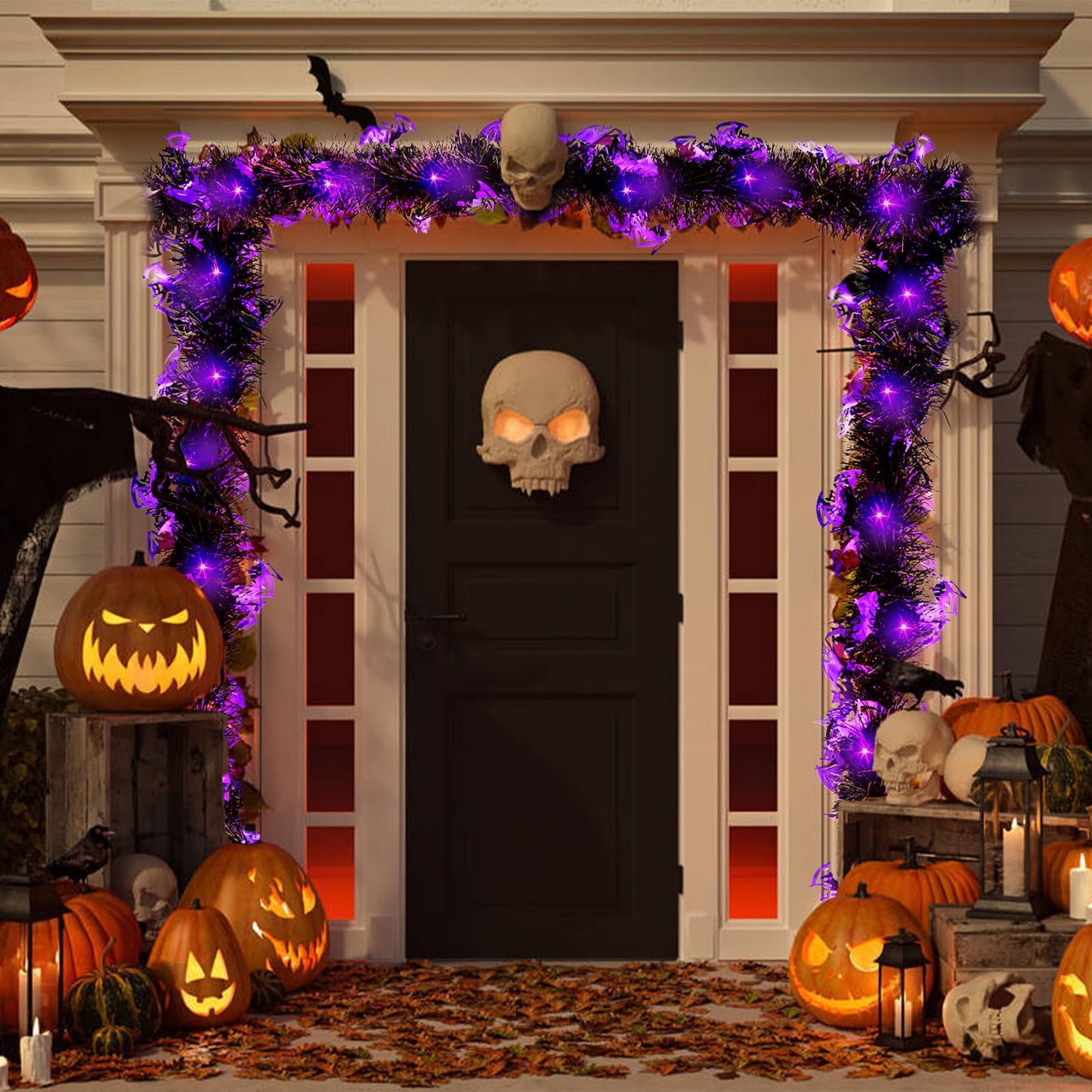 20FT/6M Halloween Tinsel Garland with LED Lights Metallic Twist Tinsel Garland Battery Operted Lighted Foil Hanging Decoration for Halloween Party Decoration Supply