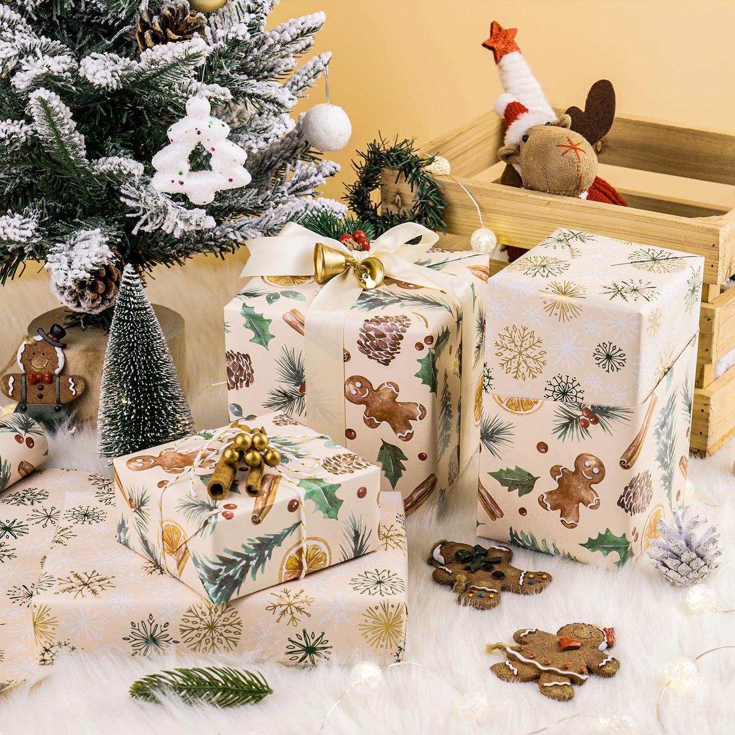RUSPEPA Reversible Wrapping Paper Roll - Mini Roll - Christmas Gingerbread and Snowflake Pattern Great for Christmas, Party, Holiday - 17.5 Inches X 32.8 Feet
