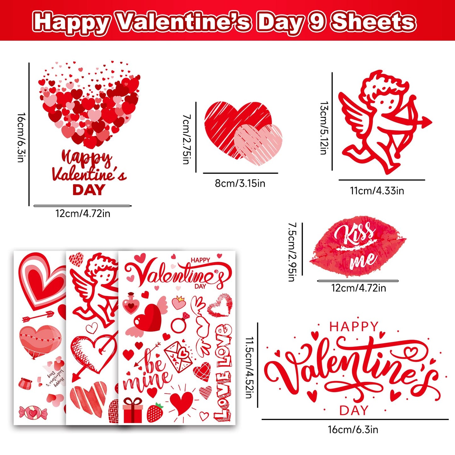 Valentines Day Window Clings Decor, Valentines Day Decorations, Red Heart Stickers for Home, Office, Classroom, Romantic Cupid Decals Décor, 9 Sheets