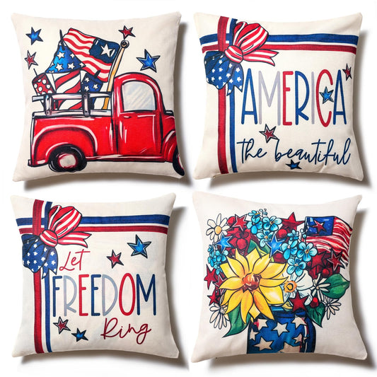 4th of July Decor-Throw Pillow Covers 18x18in Set of 4,Patriotic Linen Pillow Case for Independence Day,Memorial Day,Veteran's Day,USA,American Summer Outdoor Red White Blue Decorations