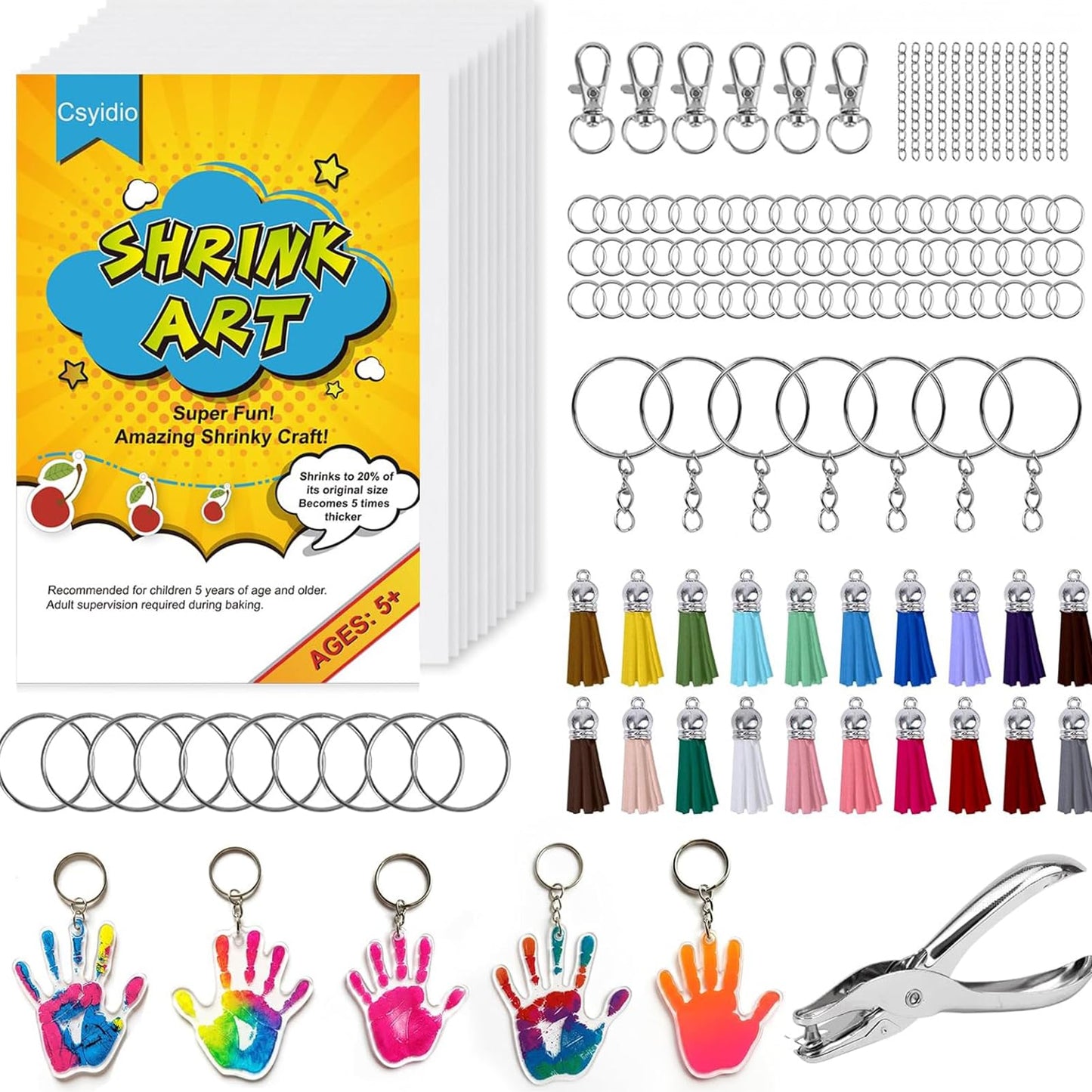 Csyidio 251 PCS Shrink Dink Keychain Kit Includes 20 Sheets Shrink Plastic Sheets, Hole Punch, Tassels, Lobster Clasps, Keychain Clip, Jump Rings, Key Ring, Great for DIY Mother's Day Crafts